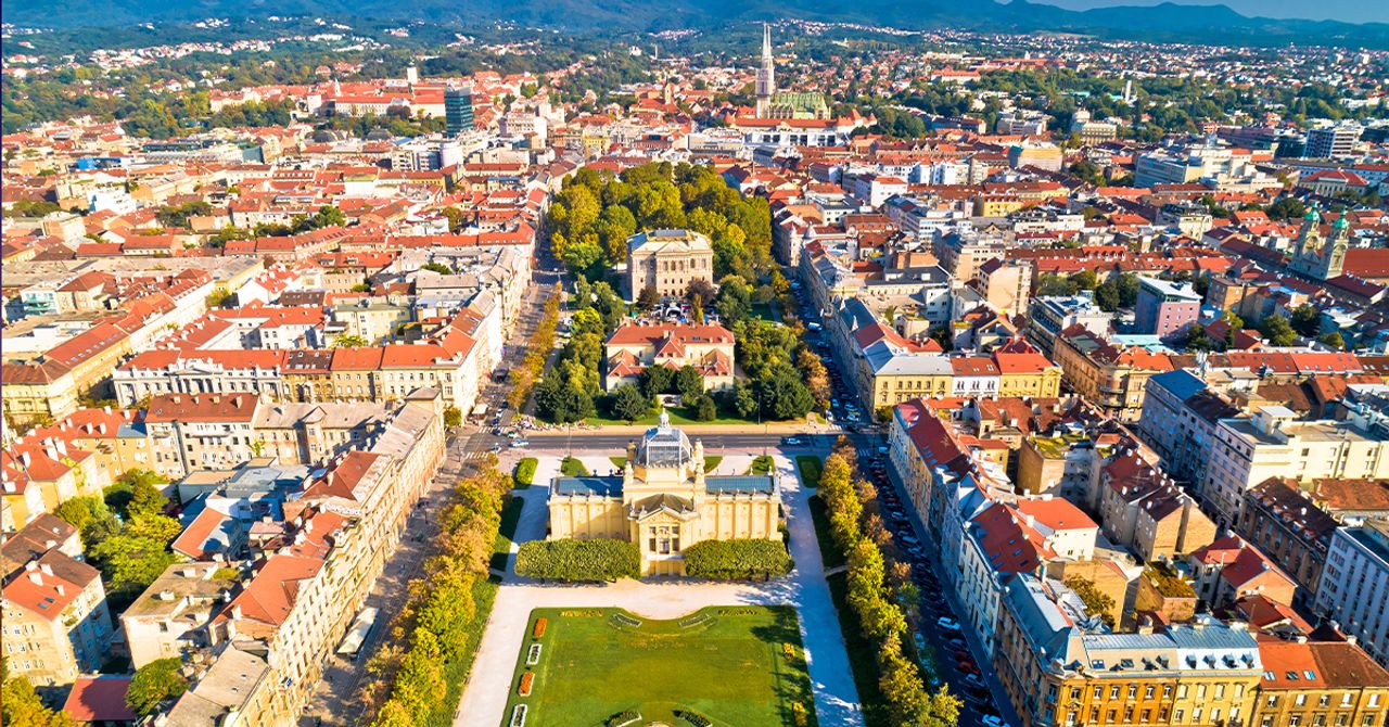 Zagreb Croatia cathedral and cityscape at sunset